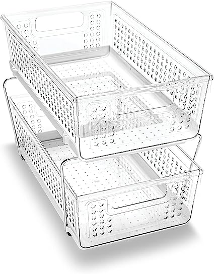 2 Tier Clear Organizers and Storage with Dividers, Pull Out Under Sink  Organizer,Multipurpose Drawer Basket, Kitchen Bathroom Countertop Vanity